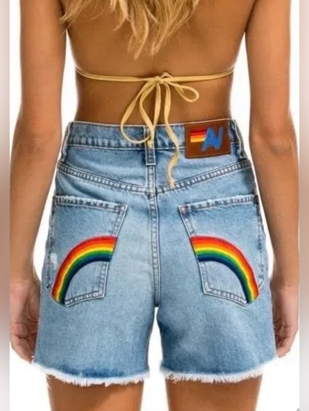 Aviator Nation HI RISE SKATER CUTOFF RAINBOW BACK POCKET - SUPER LIGHT - Picture 4 of 7